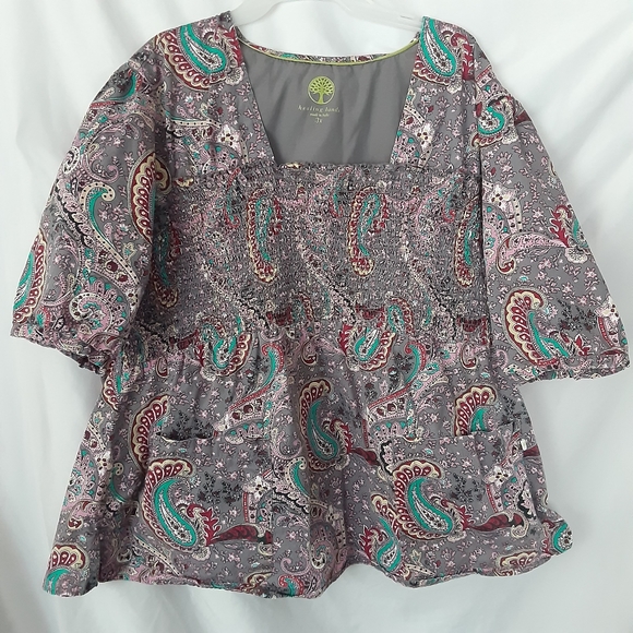 HEALING HANDS GREY/PAISLEY MULTI COLOR SMOCKED SCRUB TOP COTTON #5011X WMS 3XL - Picture 1 of 10